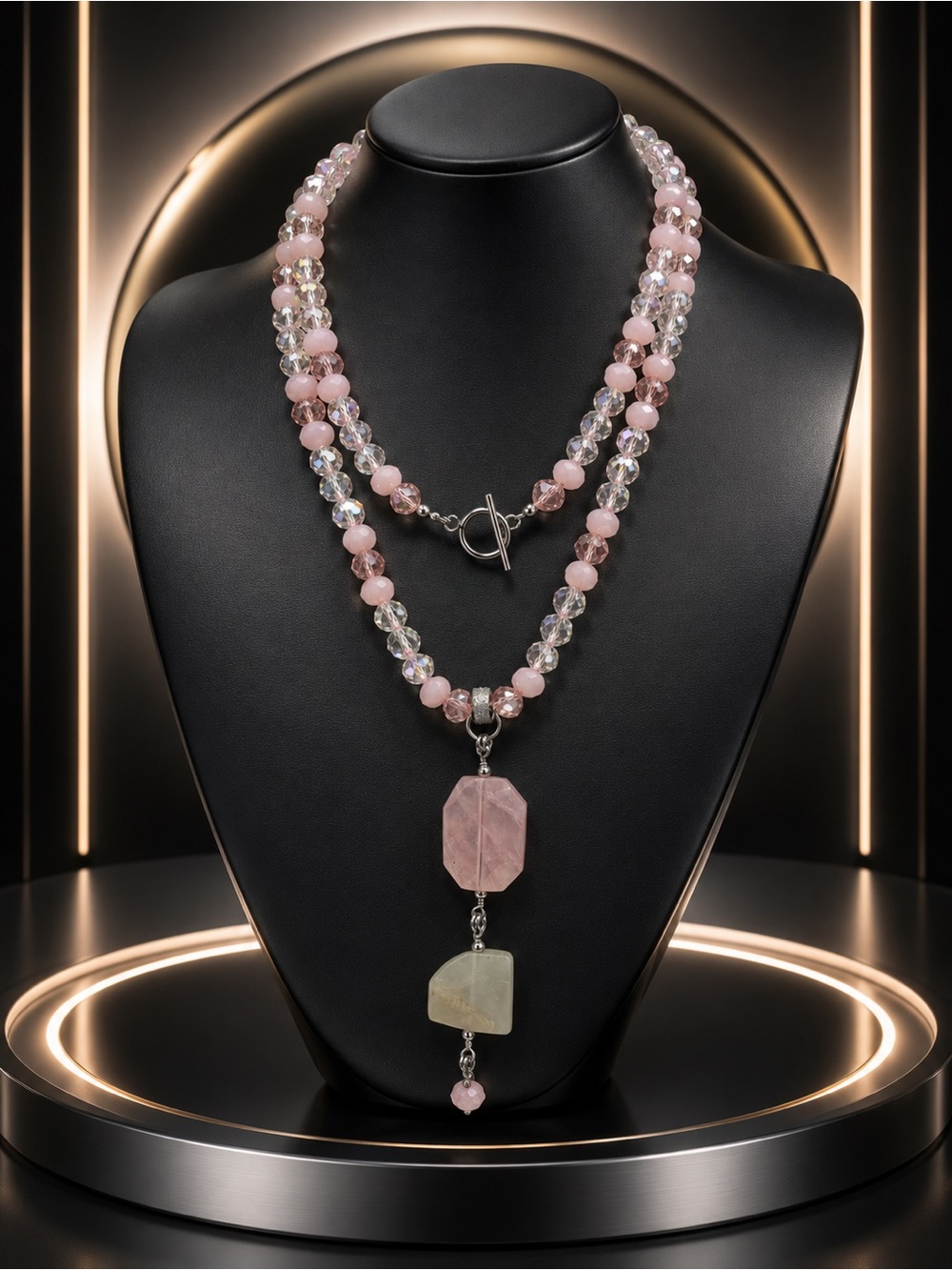 🆕😍Stunning  Rose Quartz and Crystal Pendant Necklace - Pink